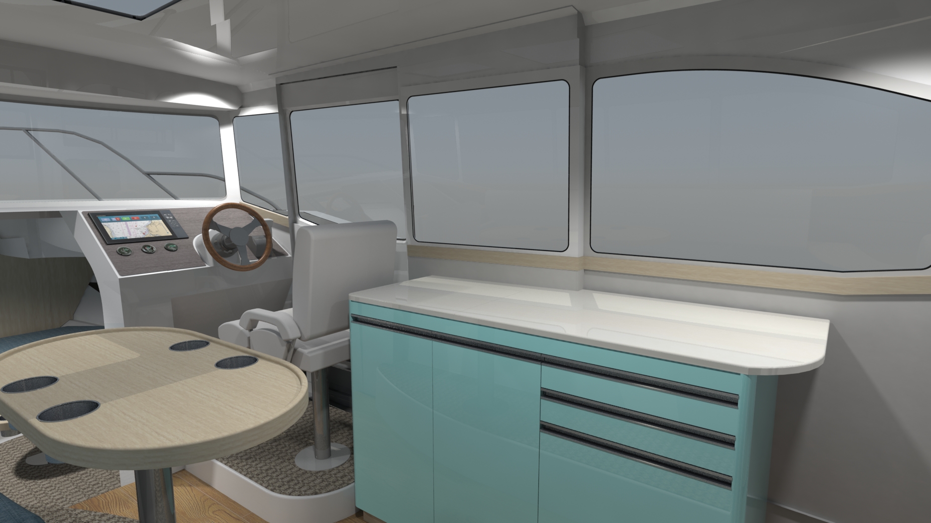 Galley counter and sliding door on starboard side of cabin